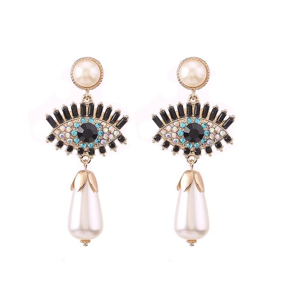Bahati Jewelry - Evil Eye Turkish Crystal Dangle Pearl Earrings